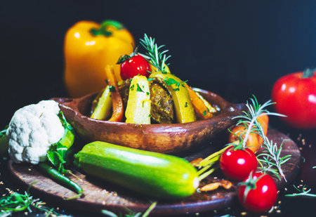 Vegetable stew with zucchini, potatoes and carrots on a wooden boardの写真素材