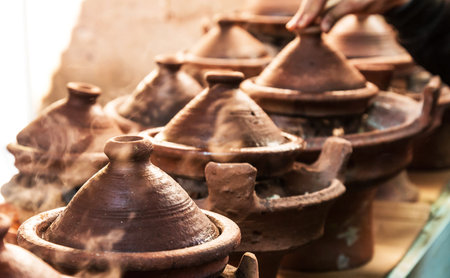 Pottery in a pottery shop in India. Pottery is a traditional way of selling clay in India.の写真素材