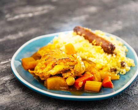 chicken curry with rice and stewed vegetables on a blue plateの写真素材