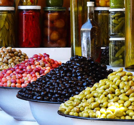 Assortment of olives on a market stall in Marrakesh, Morocco
