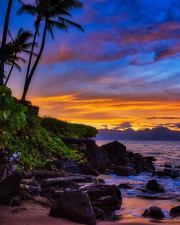 Sunset on the beach in Seychelles, Maheの写真素材