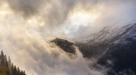 Foggy morning in the alps of Switzerland, Valaisの写真素材
