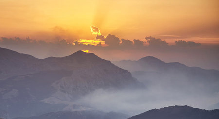 Sunrise in the mountains of the island of Crete, Greeceの写真素材
