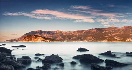 Beautiful seascape with mountains in the background. Composition of nature.の写真素材