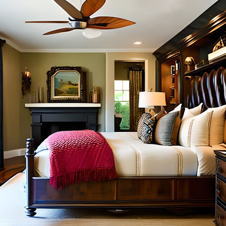 Luxury bedroom interior with brown wood bed and black chest of drawersの素材