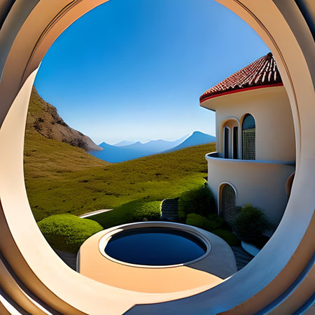 View from the window of a modern villa in the mountains.の素材