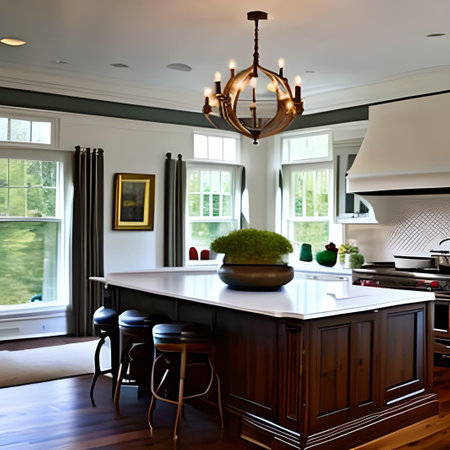 Luxury kitchen with white island and black chairs. Northwest, USAの素材