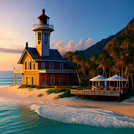 Lighthouse on a tropical island at sunset. 3D Renderingの素材