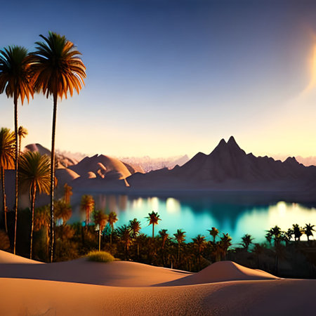 Palm trees in the desert at sunset. 3D render.の素材