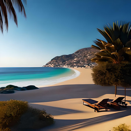 Beautiful beach with palm trees and chaise lounges, 3d renderの素材