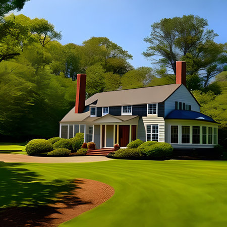3D render of classic american house with green grass and lawnの素材