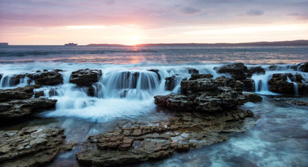 Long exposure of a waterfall on a rocky beach in the evening.の写真素材