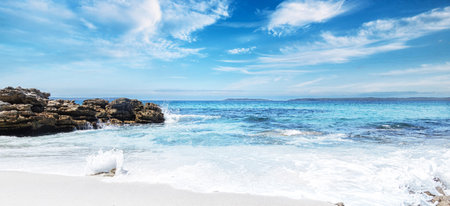 Panoramic view of the beautiful beach in Costa Paradiso, Sardiniaの写真素材