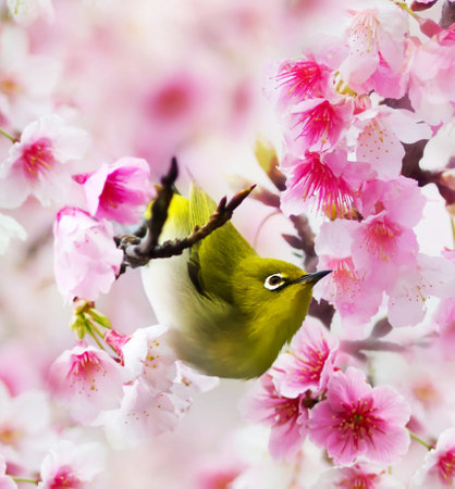 White-eye Bird on Cherry Blossom and sakura flower background.の写真素材