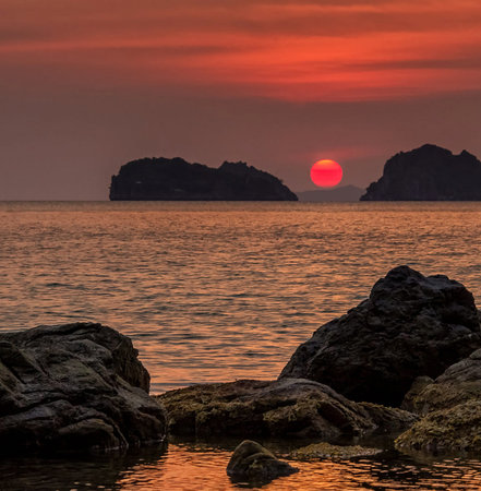Beautiful seascape at sunset. Dramatic sky over the sea.の写真素材