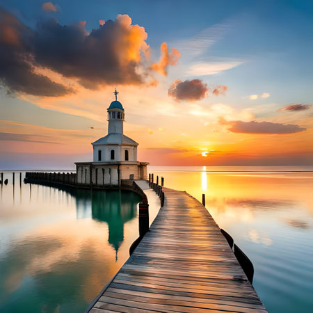 Beautiful seascape with wooden pier and church at sunrise.の素材