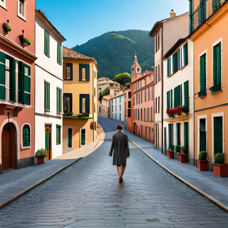 Woman walking on a cobblestone street in the old town of Liguria, Italy.の素材
