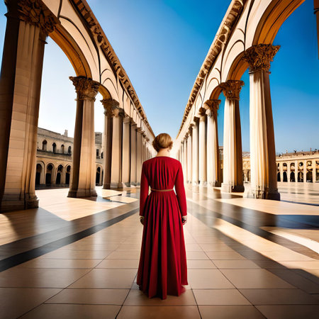 Beautiful woman in a long red dress on the background of columnsの素材