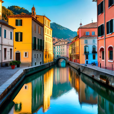 Colorful houses along the canal in Brescia, Italy.の素材
