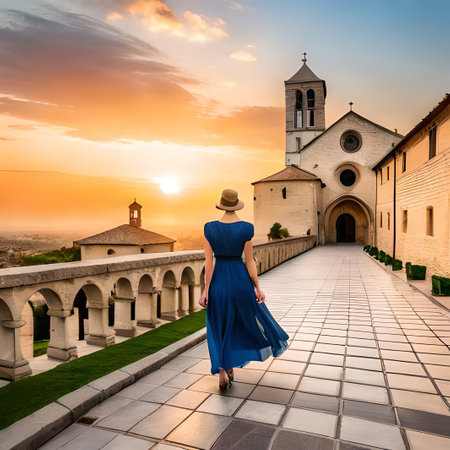 Woman in a blue dress and hat on the background of the Basilica of St. Francis of Assisi in Assisi, Italyの素材