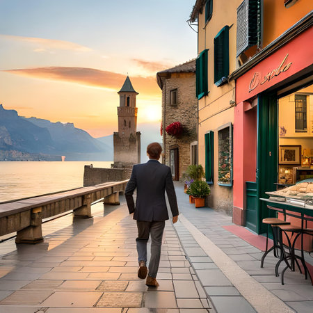 Man walking on the promenade of Lake Garda in Italyの素材