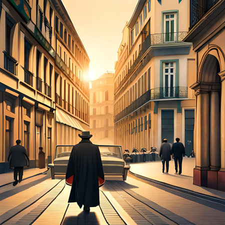 Old town street with people walking at sunset. 3D rendering.の素材