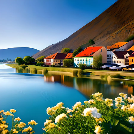 Village on the shore of a lake with yellow flowers. Toned.の素材