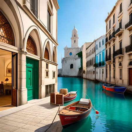Venice, Italy. View of the channel with boats in the old town.の素材