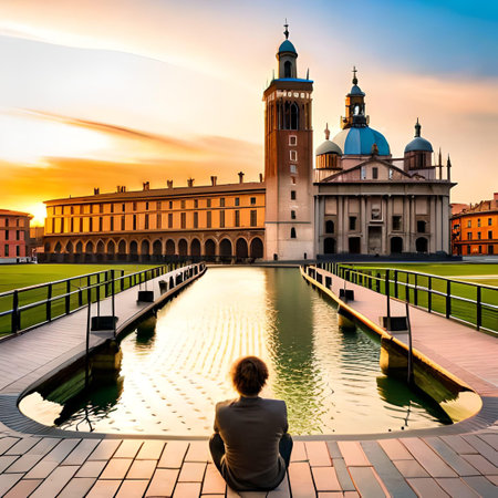 Man sitting in front of Basilica di Santa Maria Maggiore in Padua, Italyの素材