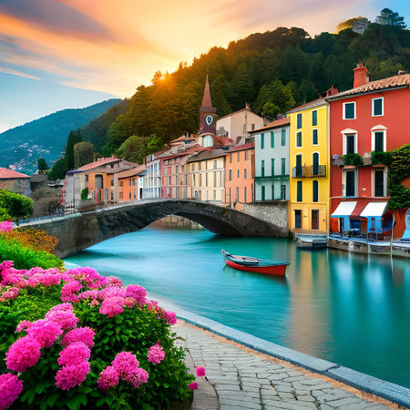 Colorful houses on the shore of Lake Como, Italy.の素材