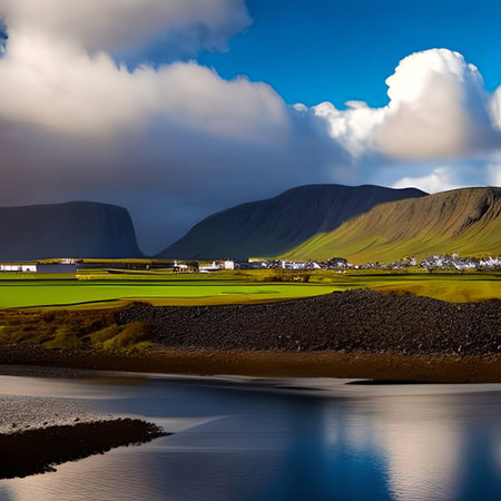 Icelandic landscape with green fields and village in the foreground.の素材