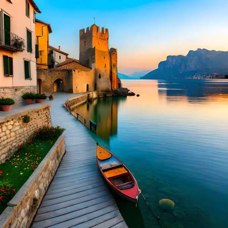 Famous old town of Lago di Garda at sunset, Italy.の素材