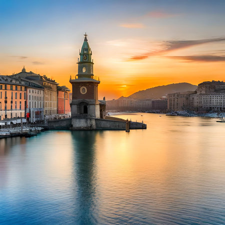 Sunset over the port of Genoa in Liguria, Italyの素材