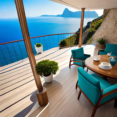 Beautiful terrace overlooking the sea and mountain. 3d renderingの素材