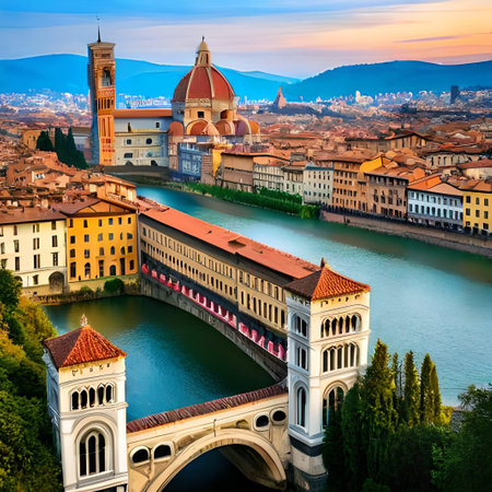 Beautiful panoramic view of Ponte Vecchio and Santa Maria del Fiore in Florence, Italyの素材