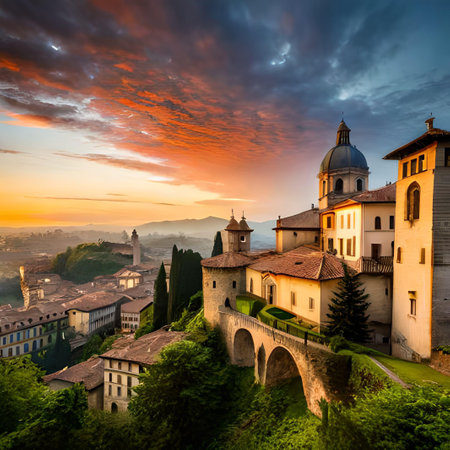 Panoramic view of Brescia at sunset, Lombardy, Italy.の素材