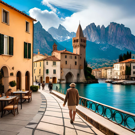 Lakeside promenade in the old town of Bellagio, Italyの素材