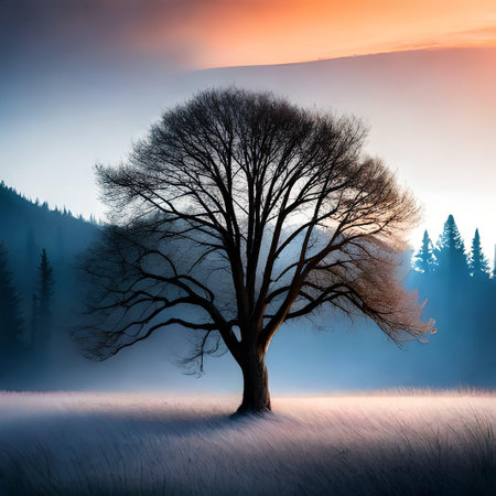 Fantasy winter landscape with lonely tree on meadow at sunrise.の素材