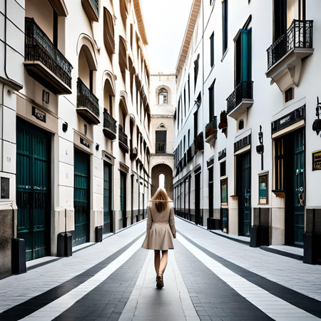 Young woman walking in the city center of Seville, Spain.の素材