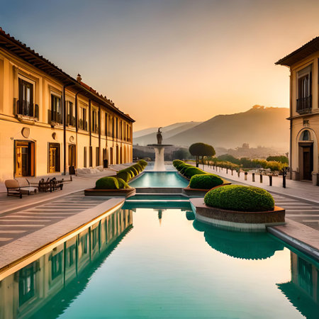 Swimming pool in the courtyard of a villa with a view of the mountains at sunsetの素材