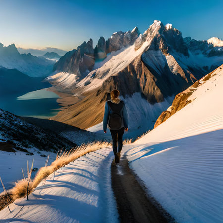 Woman walking on the snow-covered path to Monte Fitz Roy, Argentinaの素材