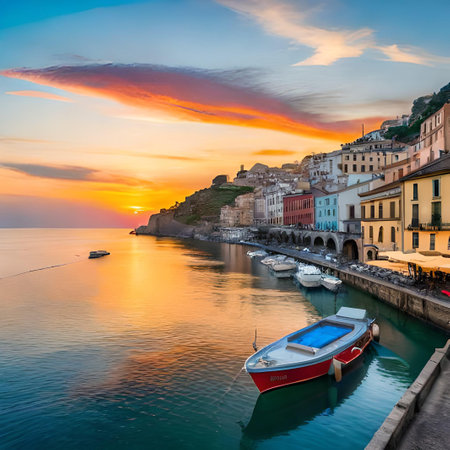 Sunset over the old town of Sorrento, Italy.の素材