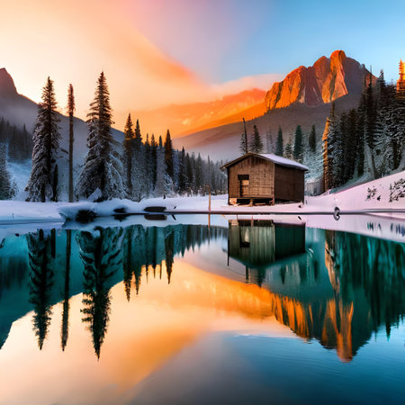 Fantastic winter landscape with mountain lake. Dramatic wintry scene.の素材