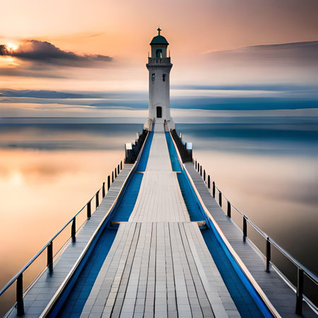 Lighthouse on the Baltic Sea at sunset, Poland, Europe.の素材