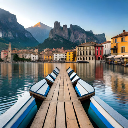 Fishing boats on lake Como, Italy. Beautiful morning scene.の素材