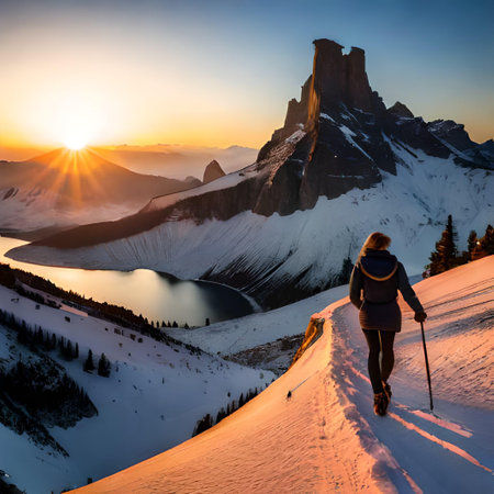 Hiker on the top of the mountain at sunrise. Dolomites, Italyの素材