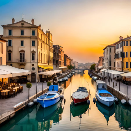 Sunset view of the canal with boats in Verona, Italyの素材