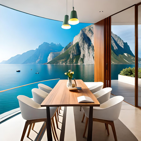 Interior of a modern house, terrace overlooking the Lake Genevaの素材