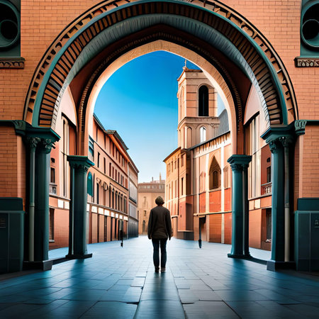 Rear view of a man walking in front of a church in Bologna, Italyの素材