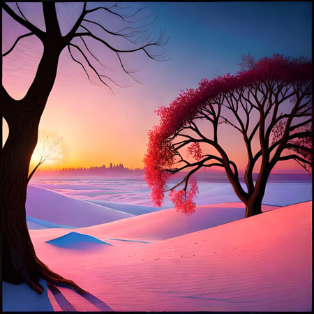 Winter landscape with trees and snowdrifts at sunset. Vector illustration.の素材